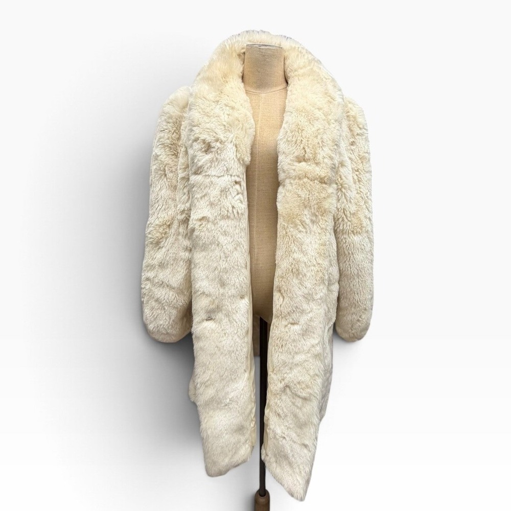Cream Faux Fur Longline Coat Shawl Collar Ivory Glam Winter Made In The USA